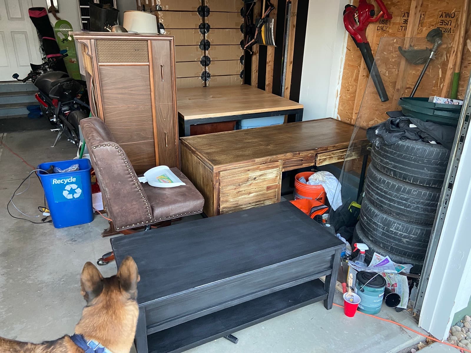 Garage staged with furniture during a cleanout