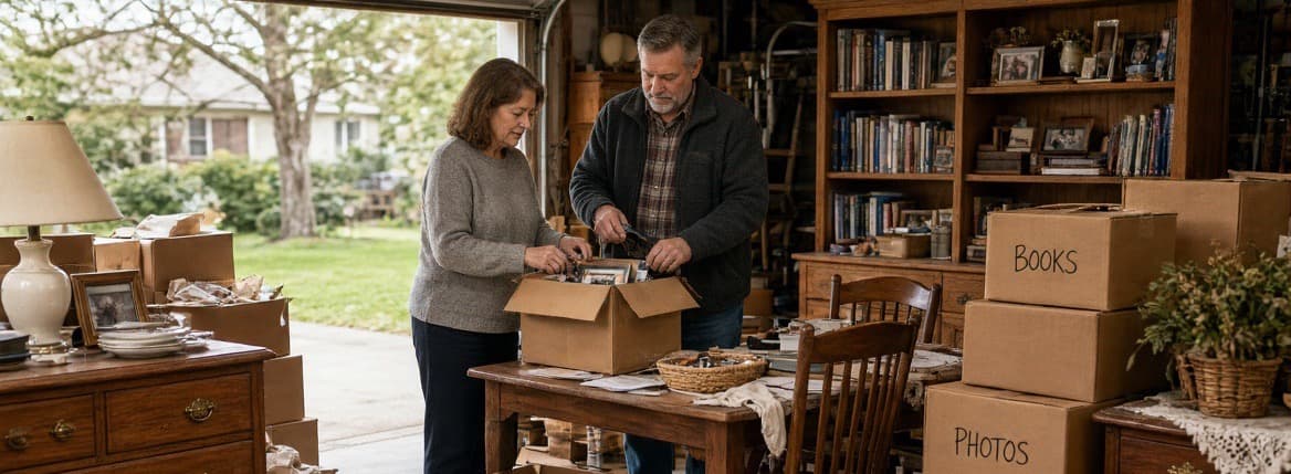 A couple sorting through keepsakes together while packing up their home