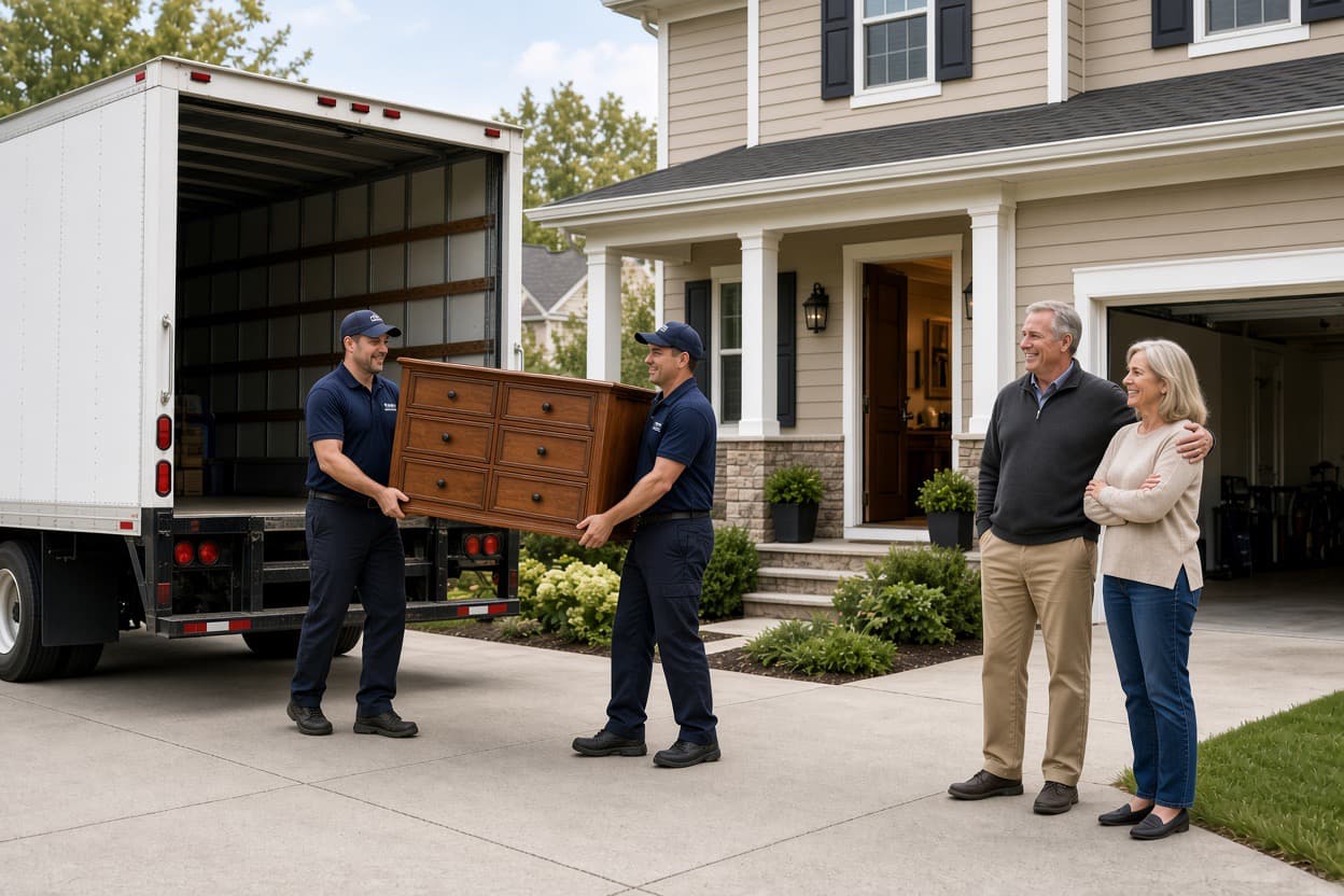 Our crew loading furniture onto the truck while a couple looks on, smiling, at their home